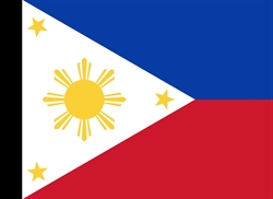 [ai] The national flag of the Philippines features a horizontal bicolored layout with blue on top and red below. A white triangle on the left contains a sun with eight rays and three stars positioned near the triangle's corners.